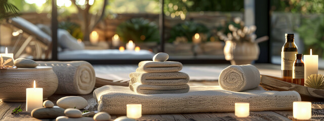 spa background setting with candles, neatly folded towels and stones for massage therapy, wellness...