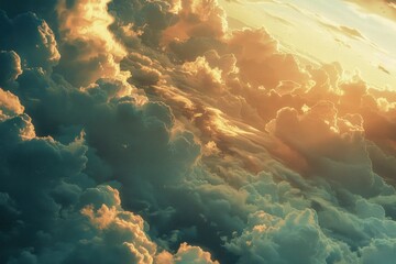 A plane soaring through fluffy white clouds as the sun sets in the background, with warm orange and pink hues