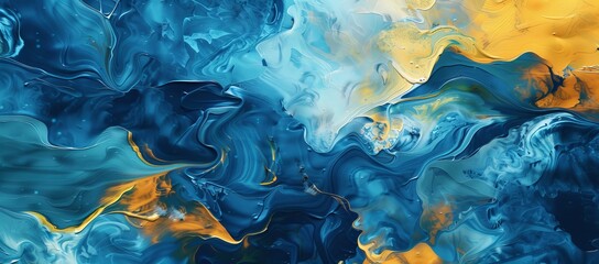 The background is an abstract blue, yellow soft color. A painting texture can be seen behind the background. A modern artistic pattern uses fractals for creative graphic design.