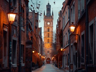 View of a historic Graslei tower in Gent, Belgium, illuminated by street lights at dusk, framed by brick buildings along a narrow street.