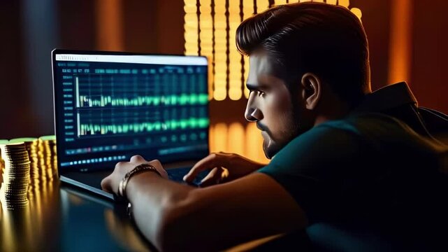 businessman works on writing code on a laptop against the background of cryptocurrency tables. digital era of finance, innovation. technological progress in blockchain
