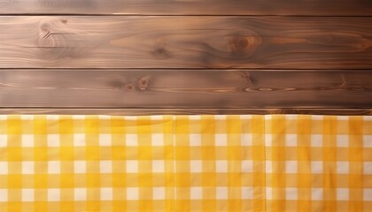 yellow check tablecloth on wooden table