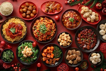 Fototapeta premium Chinese New Year Feast: Vibrant red table with traditional dishes and festive decor celebrating Chinese New Year.