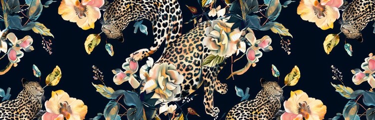 Naklejka premium A leopard with flowers and leaves in a vintage style, seamless pattern.