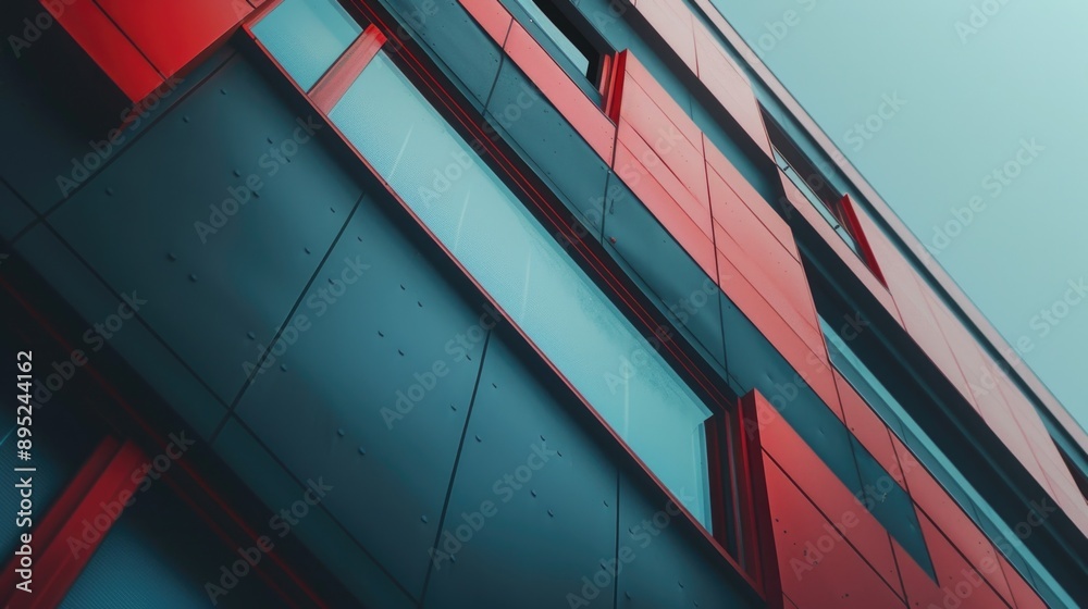 Poster A clock tower with red and blue architecture, suitable for use in illustrations about time or buildings