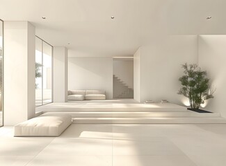 Fototapeta premium Minimalist Interior Design of White Living Room with Stairs