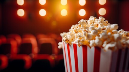 Blurred cinema hall, popcorn on focus, copy space.