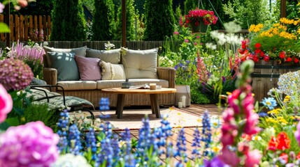 Fototapeta premium Scandinavian wicker sofa and a low table on a patio surrounded by bright and colorful flowers generative ai