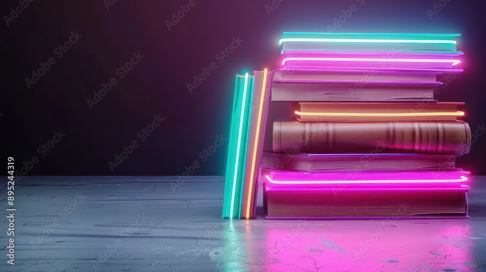 Aufkleber a stack of books with neon lights on them. the books are arranged in a pyramid shape. concept of inn