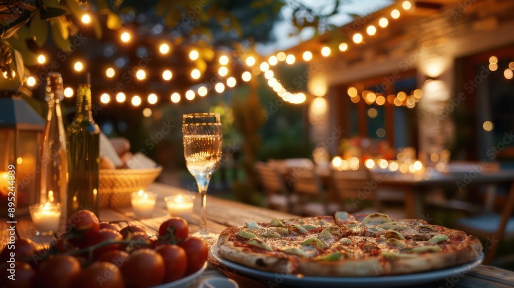 Poster a table with a glass of wine and a pizza. scene is relaxed and casual