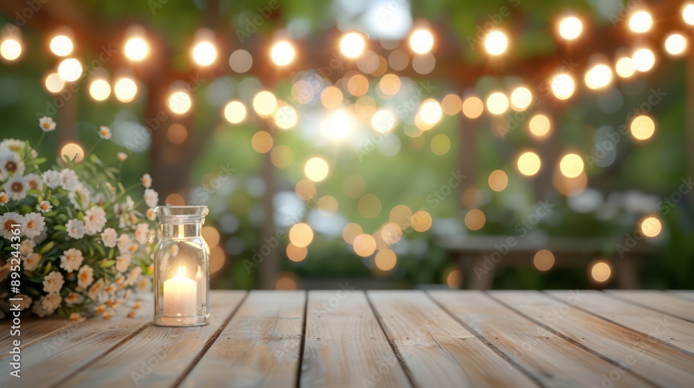 Poster A candle is lit on a wooden table with a vase of flowers in the foreground. The table is surrounded by lights, creating a warm and inviting atmosphere