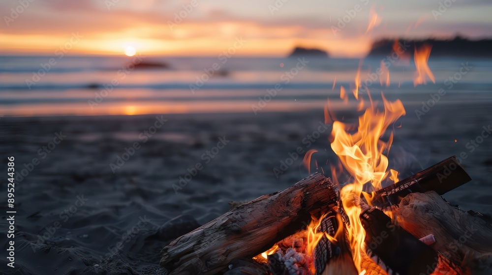 Poster a fire is burning on a beach at sunset. the fire is surrounded by logs and the beach is empty. the s