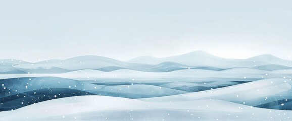 An art print of a watercolor painting of mountains and a lake in winter. An art print of a landscape banner in blue hues for art decoration or for home d&eacute;cor.