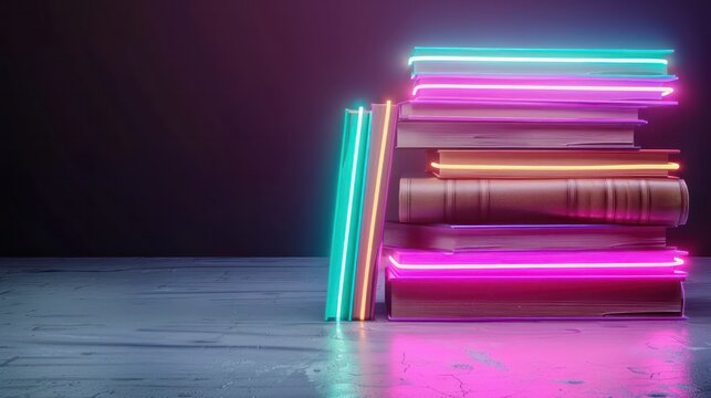 A stack of books with neon lights on them. The books are arranged in a pyramid shape. Concept of innovation and creativity
