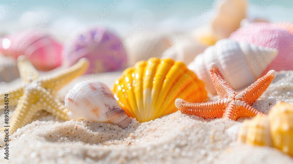 Aufkleber A beach scene with a variety of shells and starfish scattered across the sand. The shells come in different colors and sizes, creating a vibrant and lively atmosphere