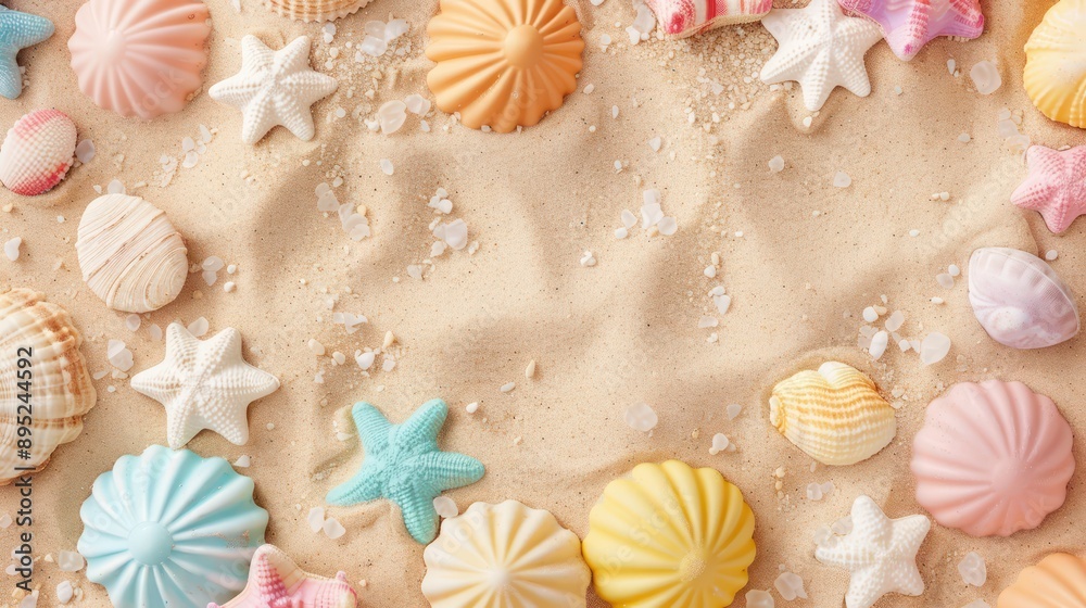 Fototapete a beach scene with a variety of colorful seashells scattered across the sand. the shells come in dif