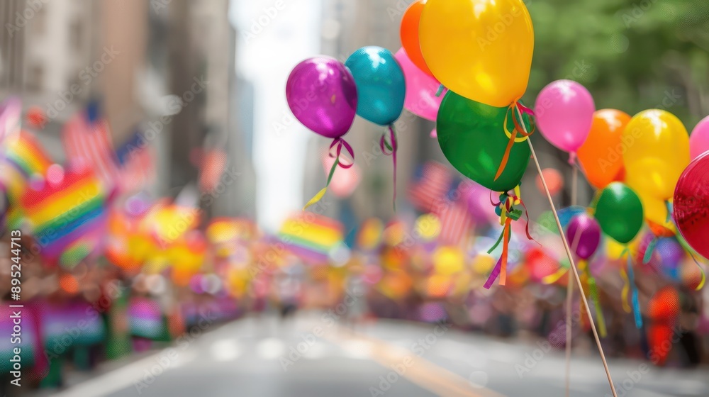 Poster a parade with many people and balloons. the balloons are in different colors and are tied to a stick