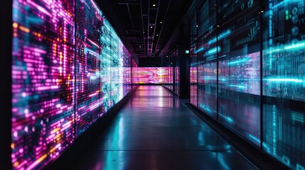 A long hallway with neon lights and a neon sign that says "Welcome". The neon lights are bright and colorful, creating a futuristic and energetic atmosphere