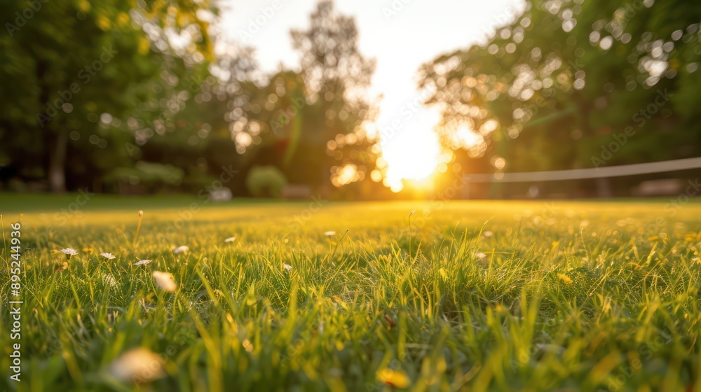 Poster a field of grass with a sun in the background