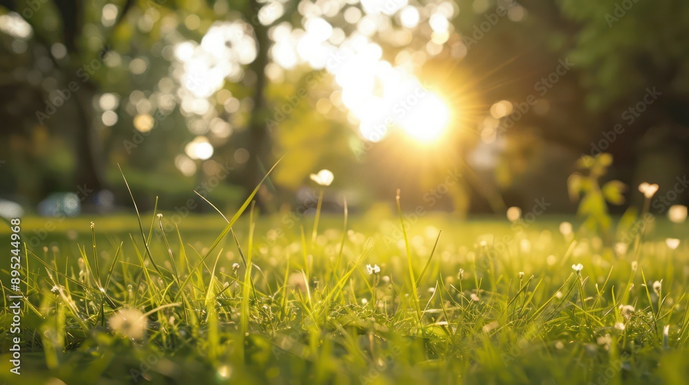 Poster a field of grass with a bright sun shining on it. the sun is in the middle of the sky and the grass 