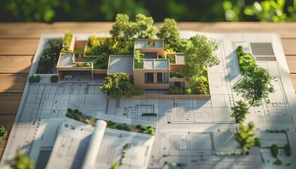 Fototapeta premium Top view of architectural plans and landscape design on desk, ideal for architects and designers