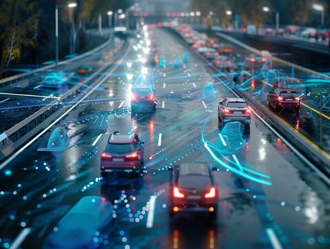 Digital twin tech in traffic management  vehicles on roads connected with holographic data points