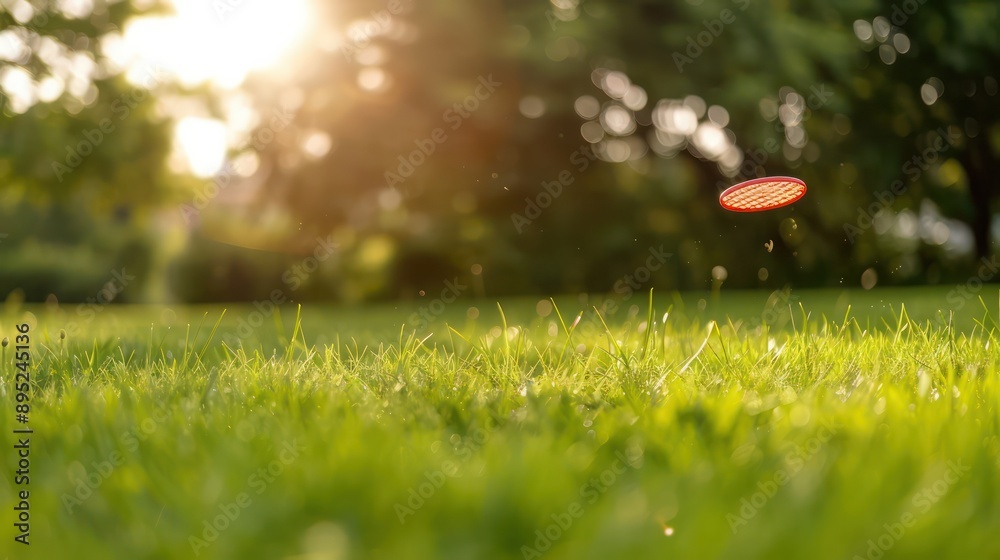 Poster a frisbee is flying through the air in a grassy field. the sun is shining brightly, creating a warm 