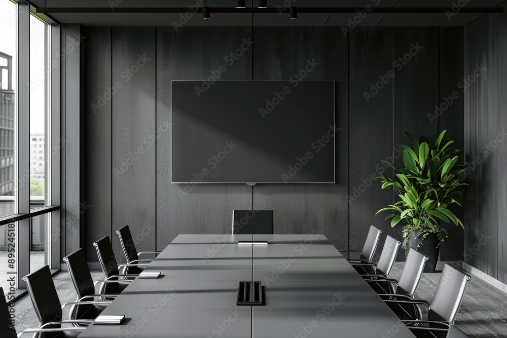 Poster a spacious conference room with a large screen and comfortable seating