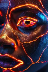 Close-up of a person's face illuminated by neon lights, perfect for futuristic or cyberpunk-themed designs