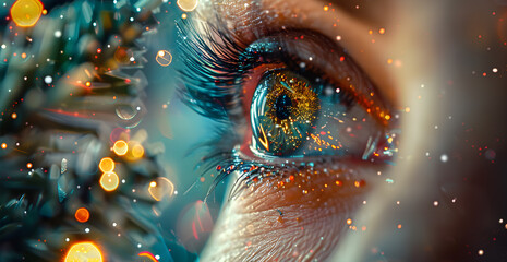 A woman's eye is reflected in a tree with lights