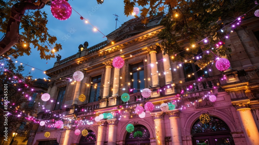 Aufkleber The building is lit up with many colorful lights, creating a festive and lively atmosphere. The lights are strung up in various patterns and heights, giving the building a unique