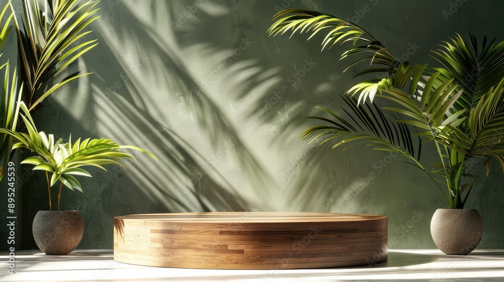 Canvas Prints Minimal modern display podium with wooden base, green backdrop, and palm leaves in sunlight