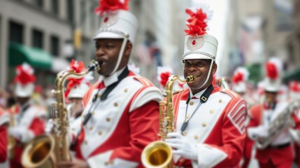 A man in a red and white uniform is playing a saxophone in a marching band. The other members of the band are also dressed in red and white