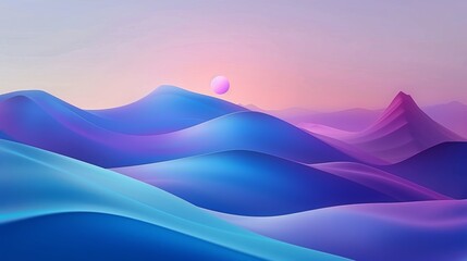Abstract landscape with blue and purple wavy hills and pink sky