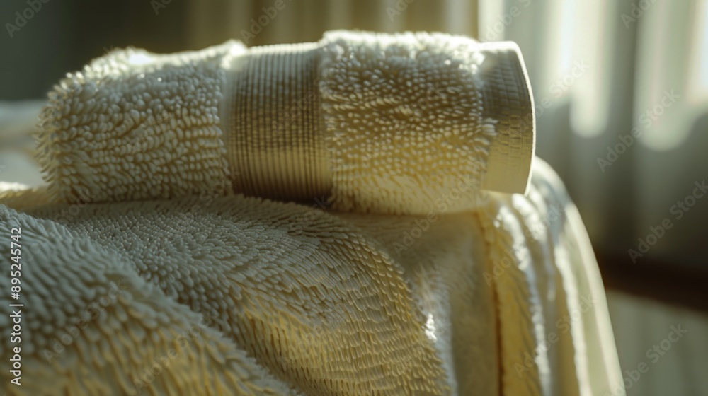 Poster towels stacked on a bed, ready for use