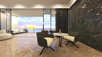 海が見えるリビングルーム　3DCGレンダリング