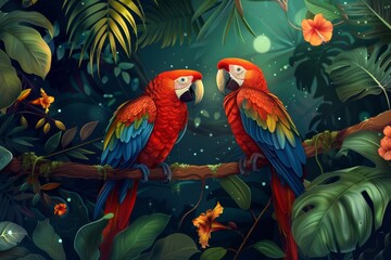A tropical rainforest with parrots is illustrated. Stock image.