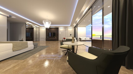 海が見えるリビングルーム　3DCGレンダリング