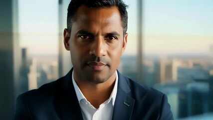 A successful Hispanic businessman gazes directly into the camera with his arms crossed confidently projecting a strong and professional image.