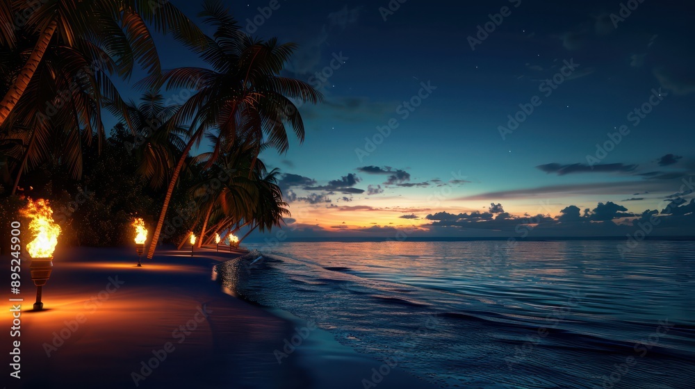 Leinwandbilder a beach at night with a beautiful sunset and a calm ocean. the beach is lit up with torches, creatin