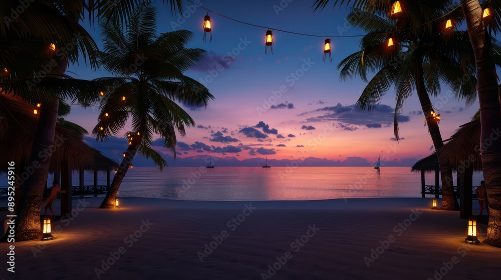 Fototapete a beach scene with palm trees and a sunset in the background. the beach is lit up with lanterns and 
