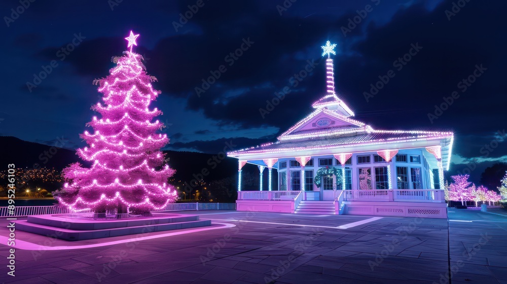 Aufkleber a christmas tree is lit up in a town square. the tree is surrounded by a white building with a roof.