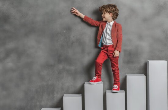 A young boy dressed in business attire and red shoes, standing on ascending steps against a gray background.