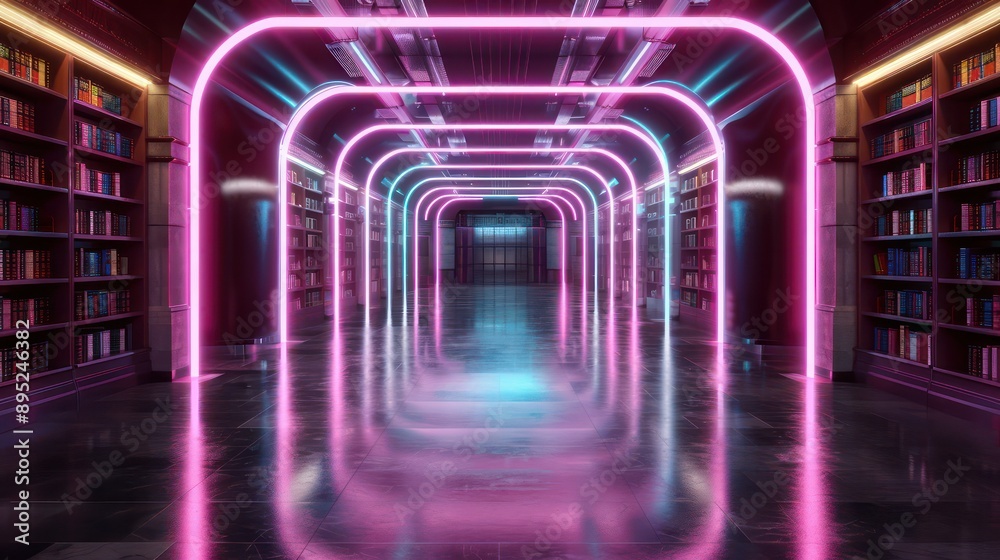 Poster A neon lit tunnel with bookshelves on either side. The bookshelves are filled with books of various sizes and colors. The tunnel is illuminated with neon lights, creating a futuristic