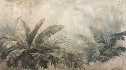 Vintage jungle wall mural photo wallpaper with graceful leaves tropical forest vintage background graphics painting art card poster print interior - generative AI © Maxim Borbut