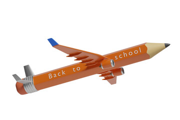 Pencil plane with the text "back to school" isolated on white background. 3d illustration.