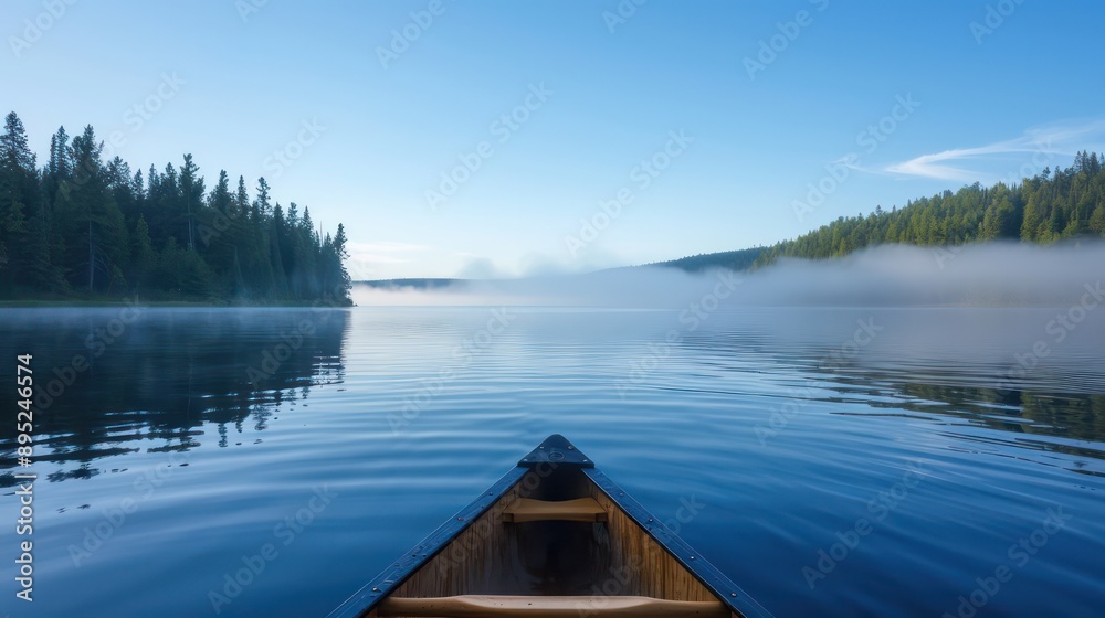 Poster a canoe is on a lake with a cloudy sky in the background. the water is calm and the sky is overcast