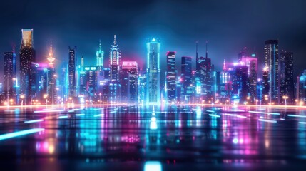 A city skyline with neon lights and a reflection of the city in the water. Scene is futuristic and vibrant