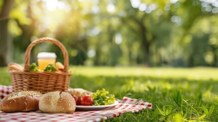 A basket of food is on a checkered blanket in a park. The basket contains sandwiches, tomatoes, and lettuce. The scene is peaceful and relaxing, with the sun shining down on the grass