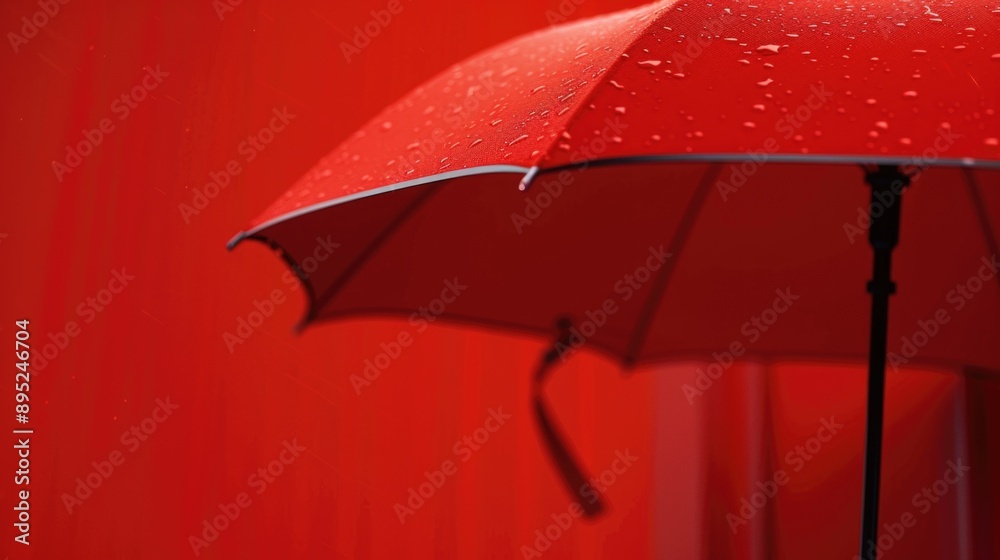 Poster a close-up shot of a red umbrella with water droplets on it, great for weather-related or accessory-